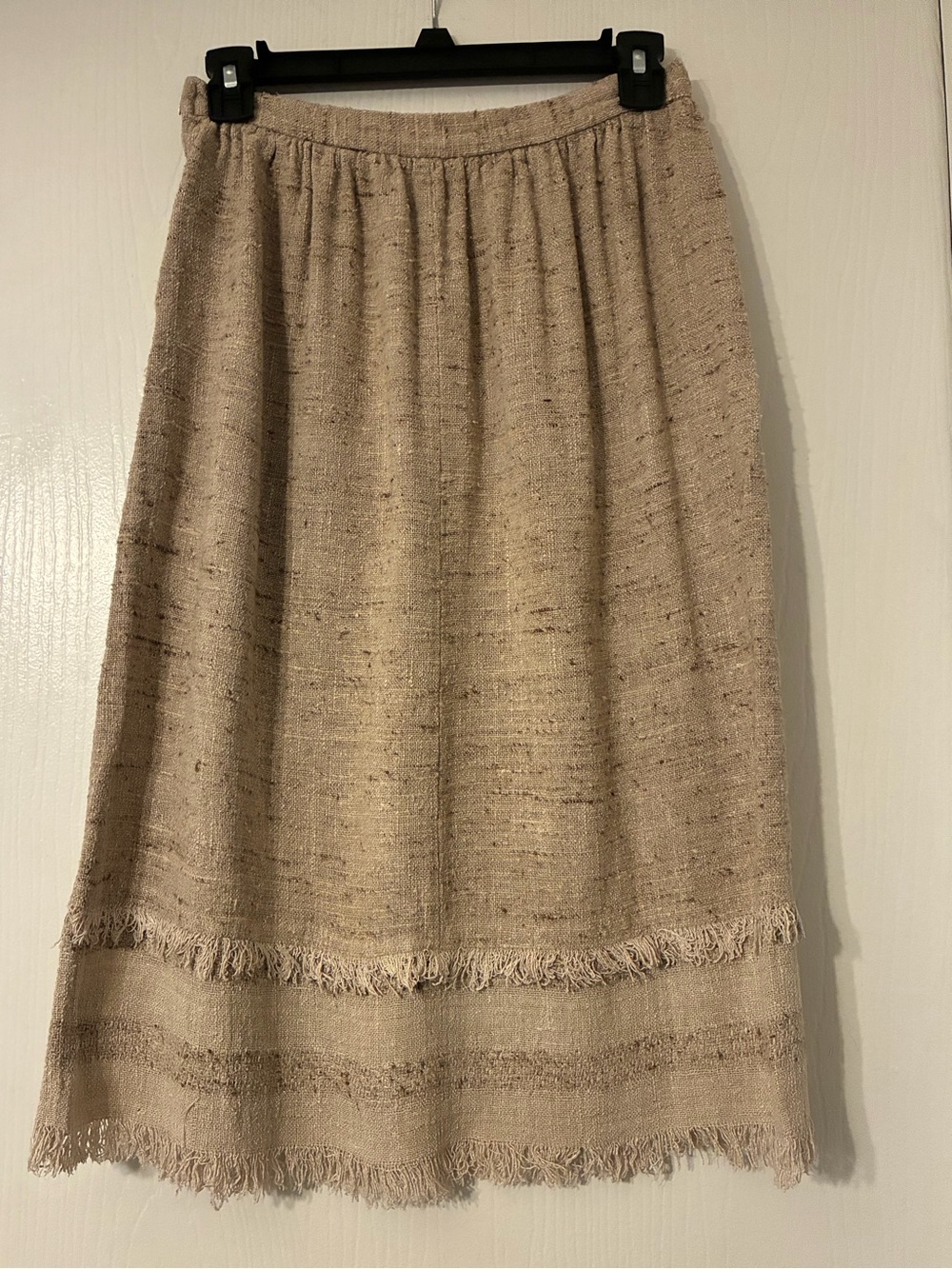90’s Vintage Tweed Tan XS -2 Neutral Fringe Hem Midi Skirt by Karen Kane